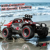 A red and black 1:18 scale off-road RC monster truck driving through water.