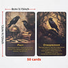 A set of 50 oracle cards featuring illustrations of ravens and text in Russian about growth and awakening.