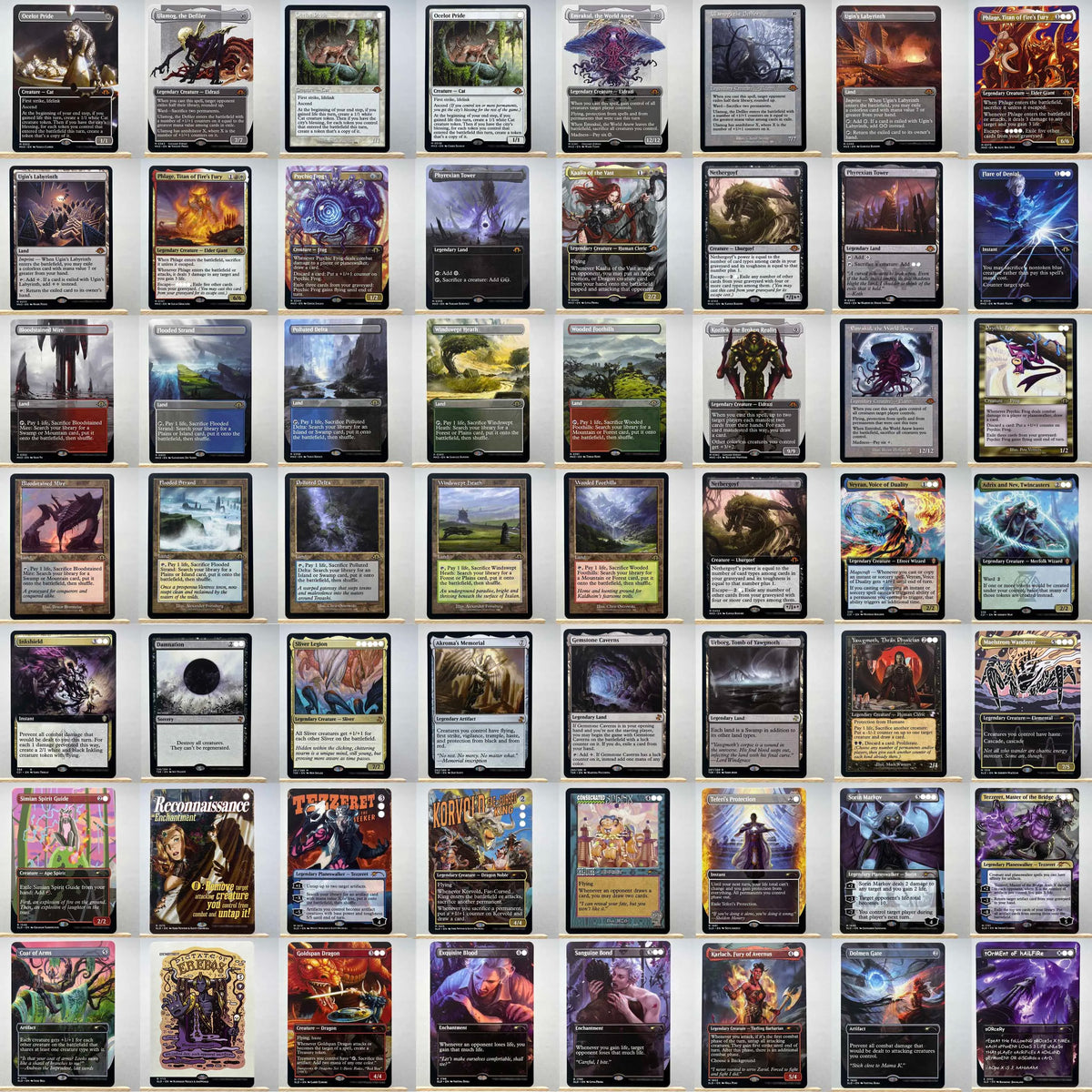 A collection of fantasy trading cards featuring various mythical creatures, landscapes, and magical scenes.