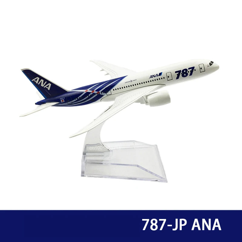 Diecast model of an ANA 787 aircraft in white and blue livery.