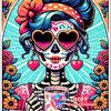 A vibrant diamond painting featuring a skull woman tarot design with blue hair and roses.