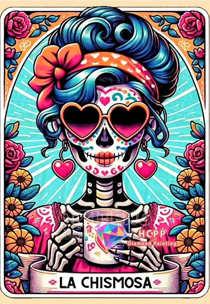 A vibrant diamond painting featuring a skull woman tarot design with blue hair and roses.