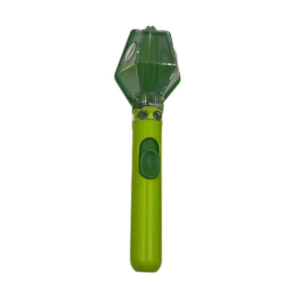 A handheld insect catcher with a green plastic body and a clear, angled collection head.