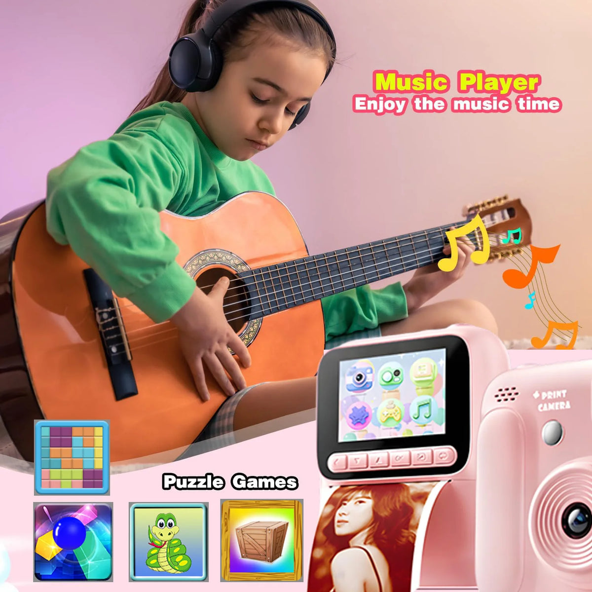 A child plays an acoustic guitar while interacting with a pink instant print camera featuring puzzle and music games.