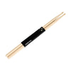 A pair of maple wood drumsticks with black grips and a logo are shown against a white background.