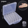 A clear plastic storage box containing 30 round bottles and label stickers, shown next to a single bottle.