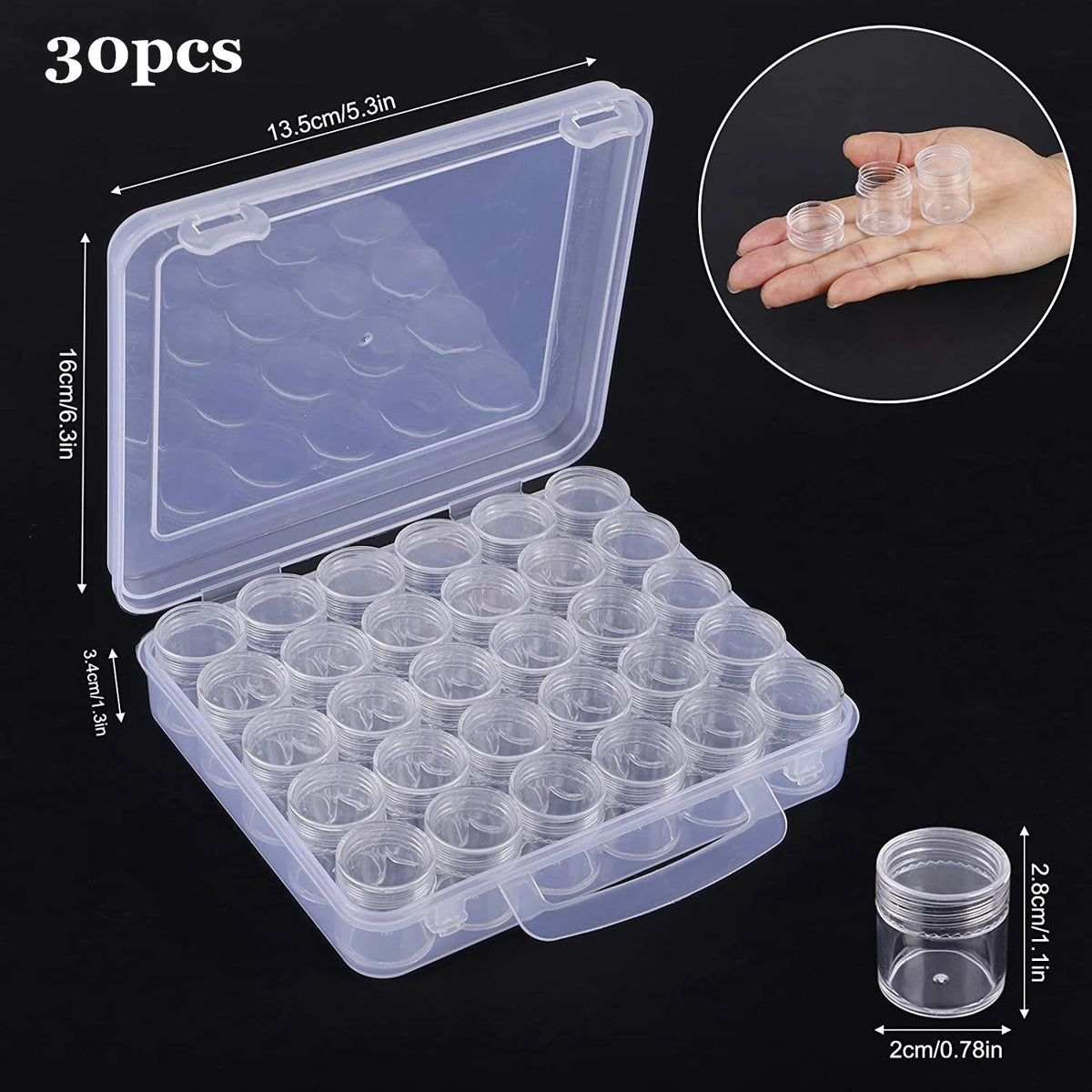 A clear plastic storage box containing 30 round bottles and label stickers, shown next to a single bottle.