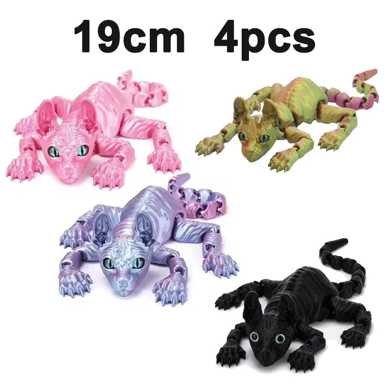 Four articulated 3D printed sphynx cat figurines in pink, green, purple, and black.