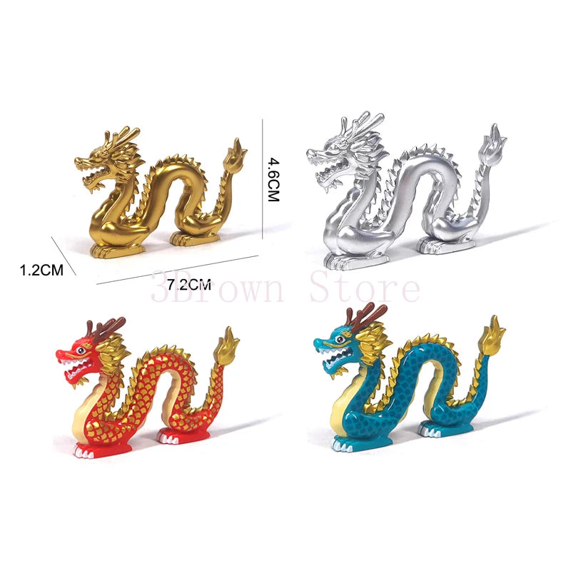 A set of six dragon-like animal building blocks in gold, silver, and blue colors.