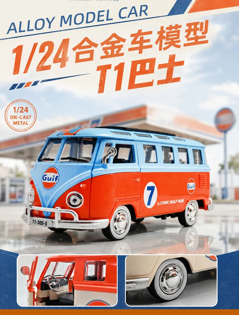 A red and blue diecast model of a bus, labeled T1 Gulf Bus, shown in a side profile.