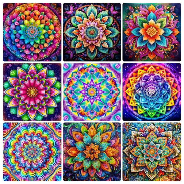 Et sett med fargerike mandala-blomster malesett for male etter tall.