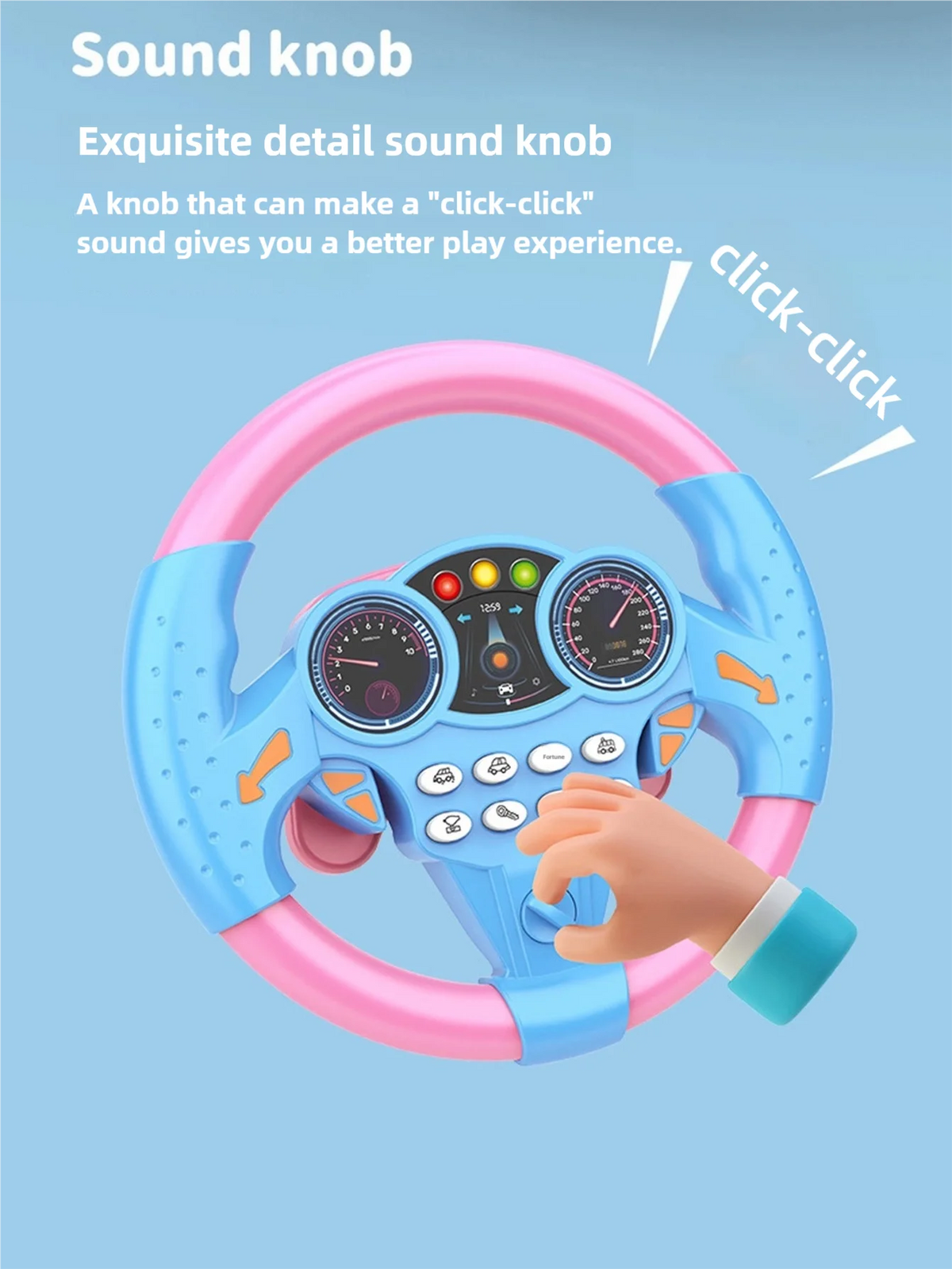 Volant rose et bleu avec bouton sonore tenu par une main.
