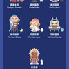 A collection of seven collectible figurines depicting various celestial themes like a space traveler, a night sky, a full moo
