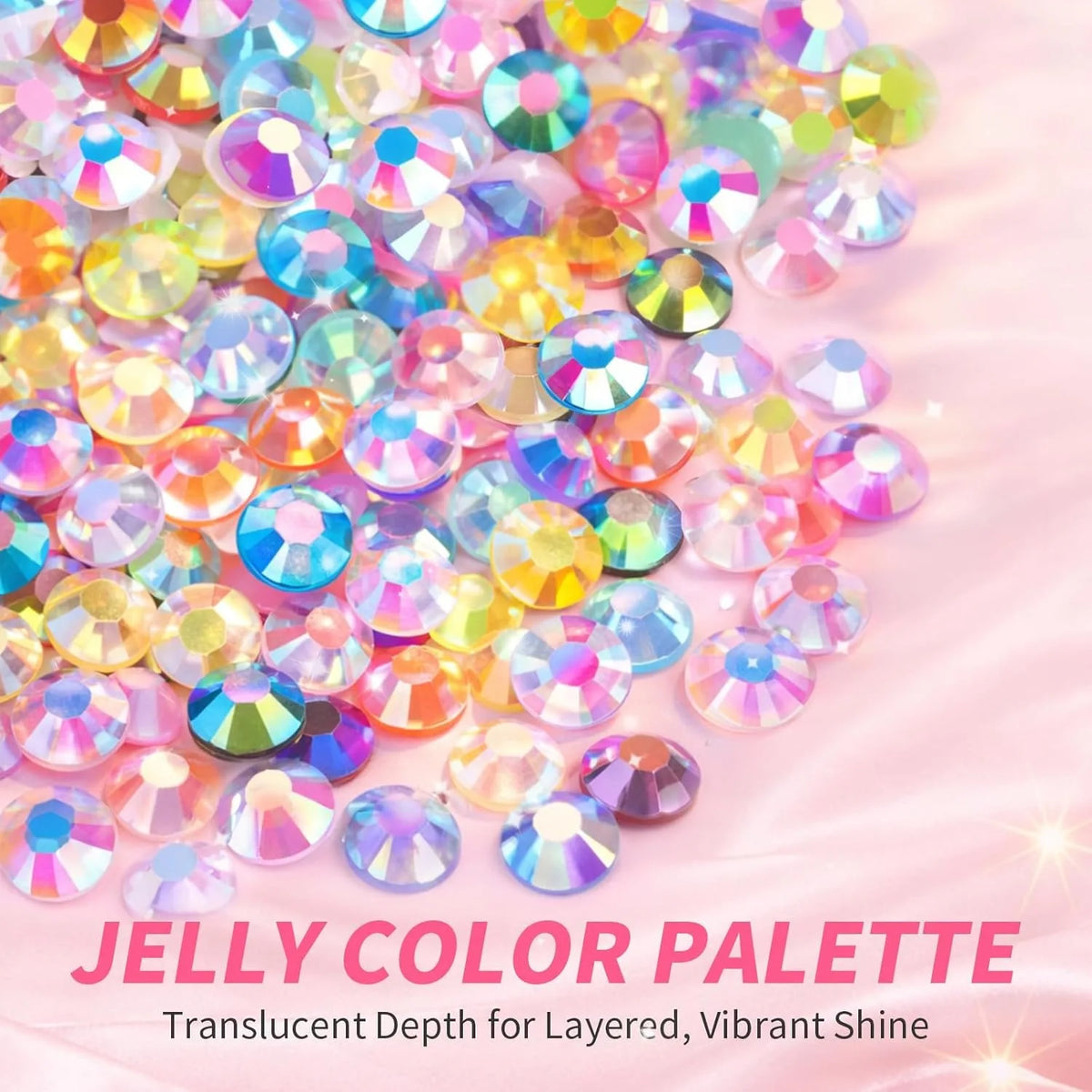 A pile of colorful translucent resin jelly rhinestones in various shades and sizes.