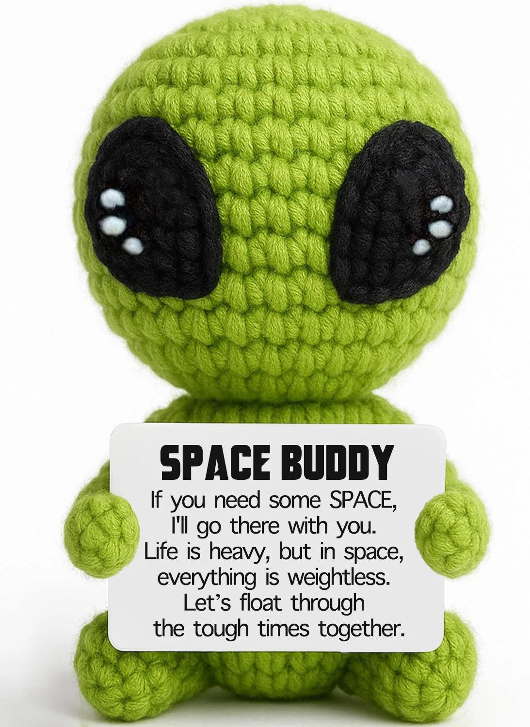 Handmade crochet space buddy alien plush toy in lime green color
