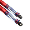 Two red and blue adjustable aluminum shock absorbers with coiled springs.
