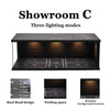 Showroom C display featuring three lighting modes on a modular car garage with an acrylic showcase.