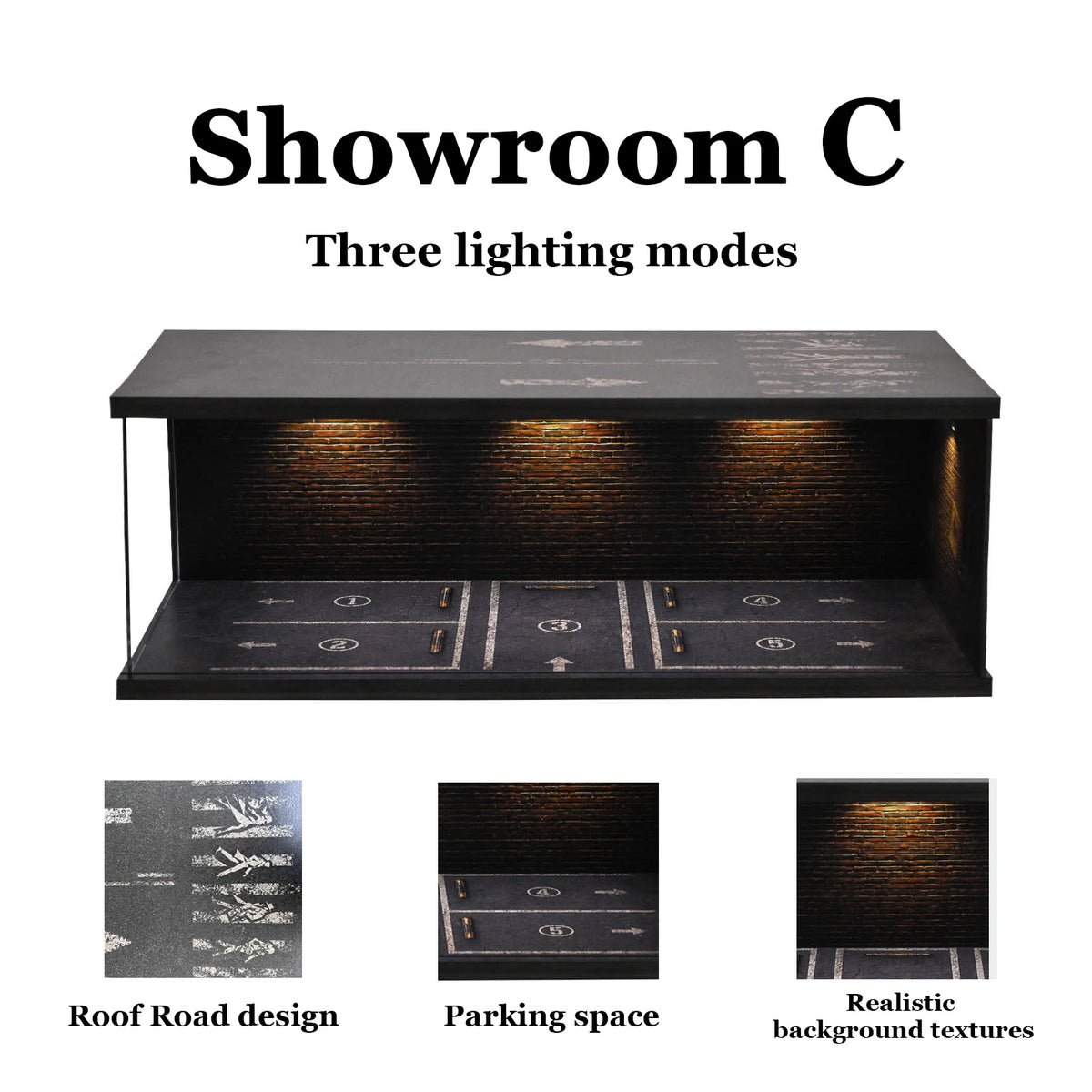 Showroom C display featuring three lighting modes on a modular car garage with an acrylic showcase.
