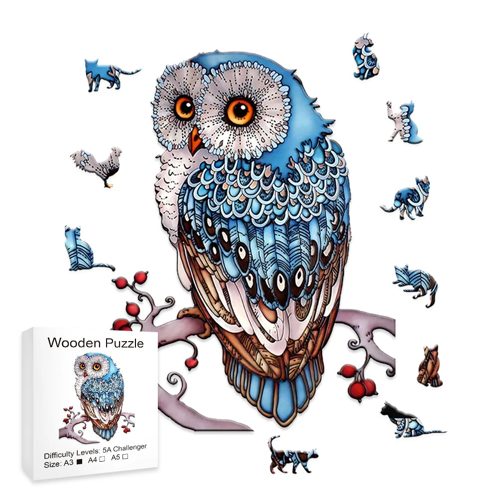 A detailed illustration of an owl in flight, designed as a wooden jigsaw puzzle.