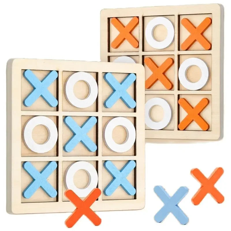 A wooden tic tac toe board game with orange and blue wooden markers and a separate set of wooden pieces.