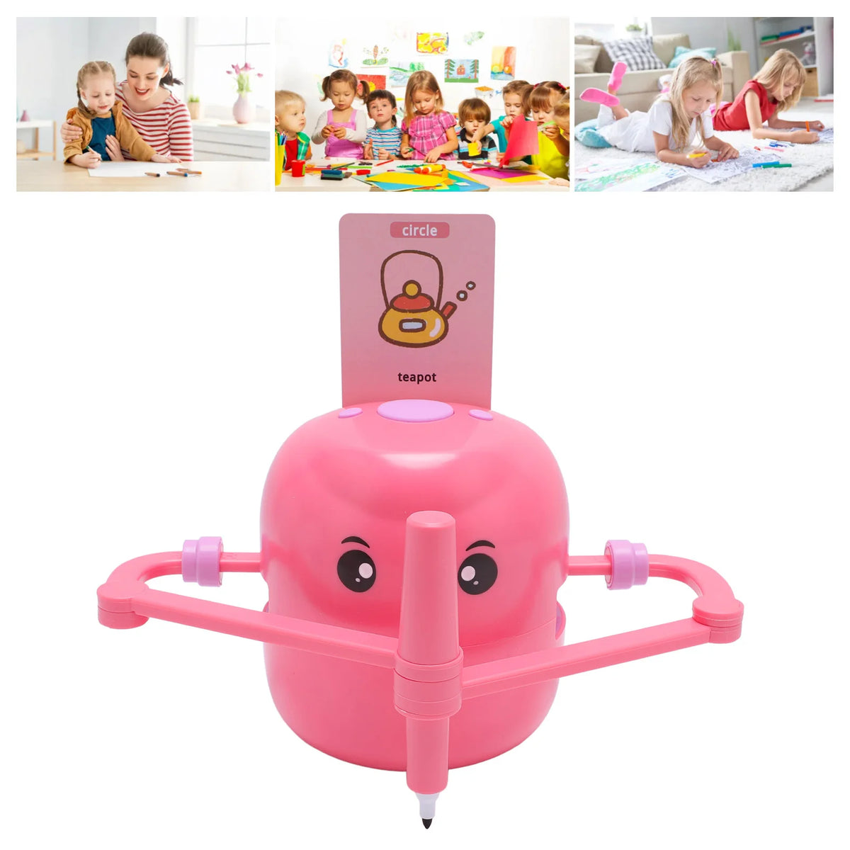 A pink smart drawing robot toy with a teapot design, featuring arms and a drawing tip.