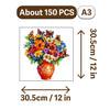 A square jigsaw puzzle featuring a vibrant floral arrangement in an orange vase.