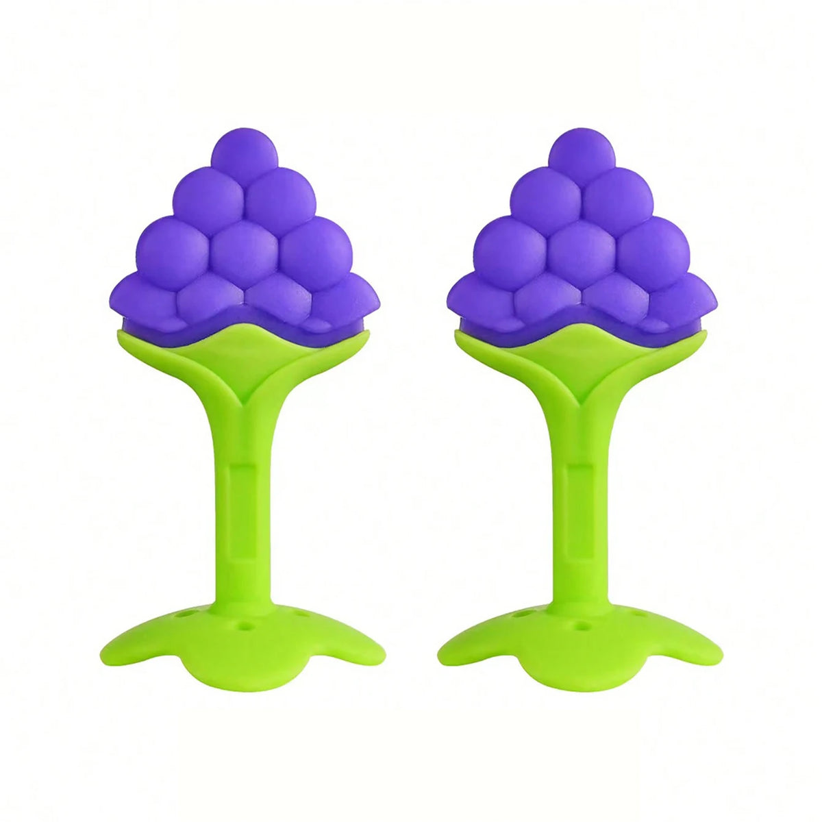 A pair of purple silicone fruit-shaped baby teethers with bright green bases.
