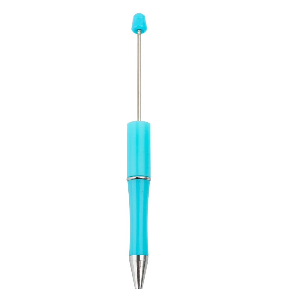 A blue beadable ballpoint pen with a silver tip and a blue cap.