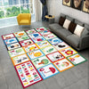 A colorful alphabet rug featuring cartoon letters and pictures for a kids playroom or nursery.