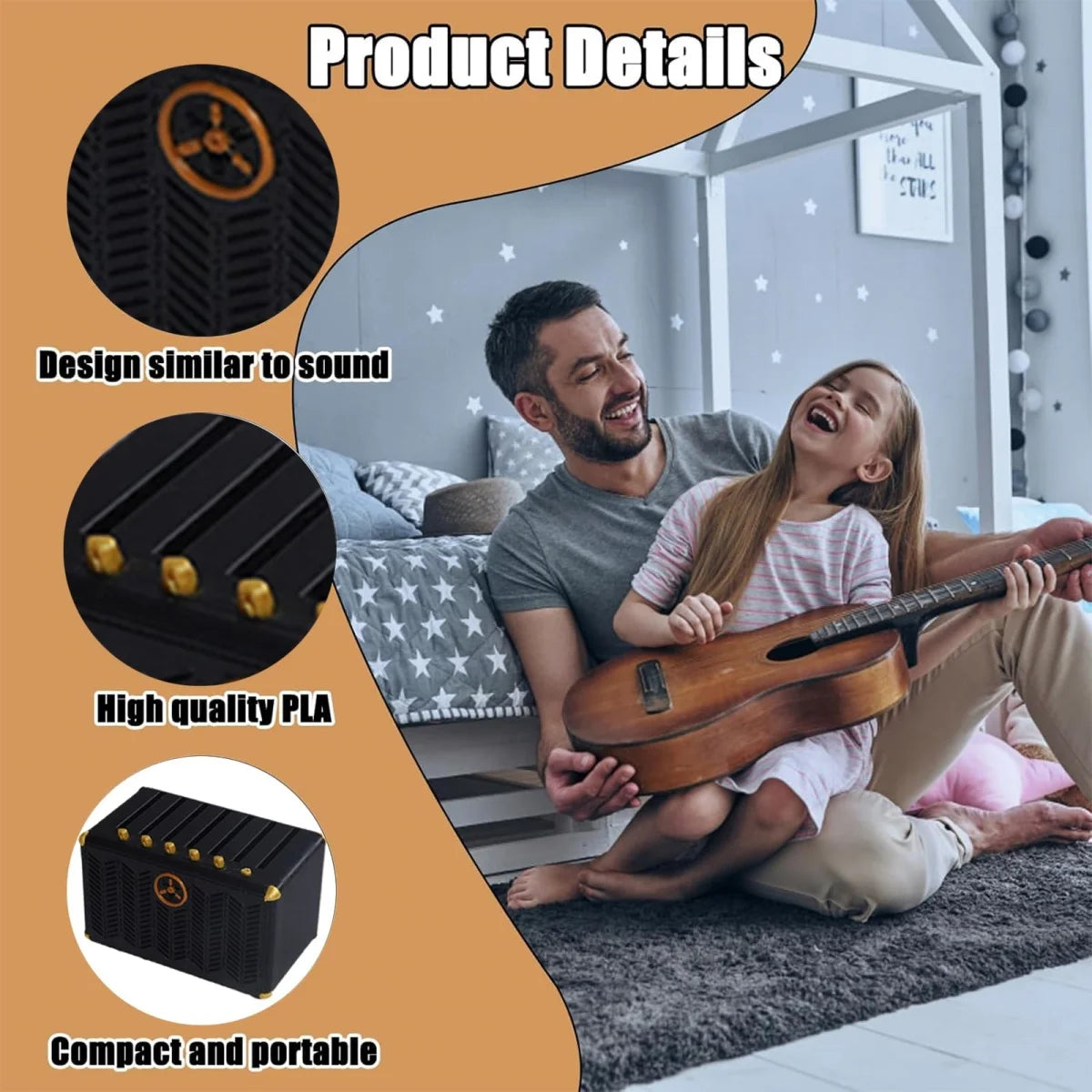 A man and a girl are playing an acoustic guitar in a bright room, with product details showing a guitar pick holder and PLA m