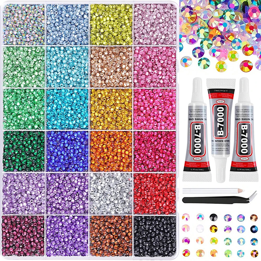 A collection of various colored flat-back rhinestones and glitter for DIY crafts