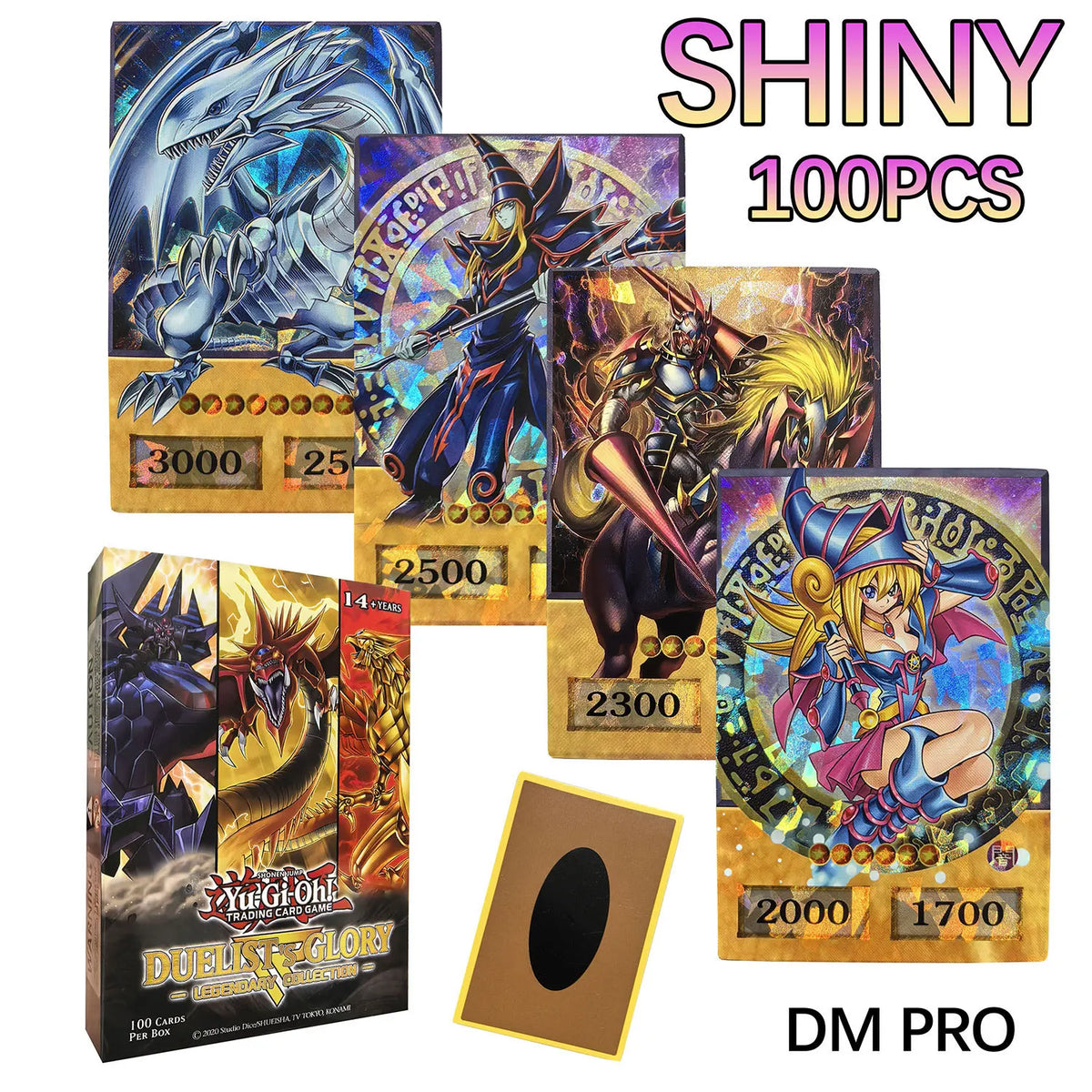 Shiny 100PCS DM PRO Yu-Gi-Oh! anime style trading cards featuring classic monsters and Egyptian gods
