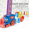 A colorful plastic domino train toy featuring a purple engine and various colored blocks.