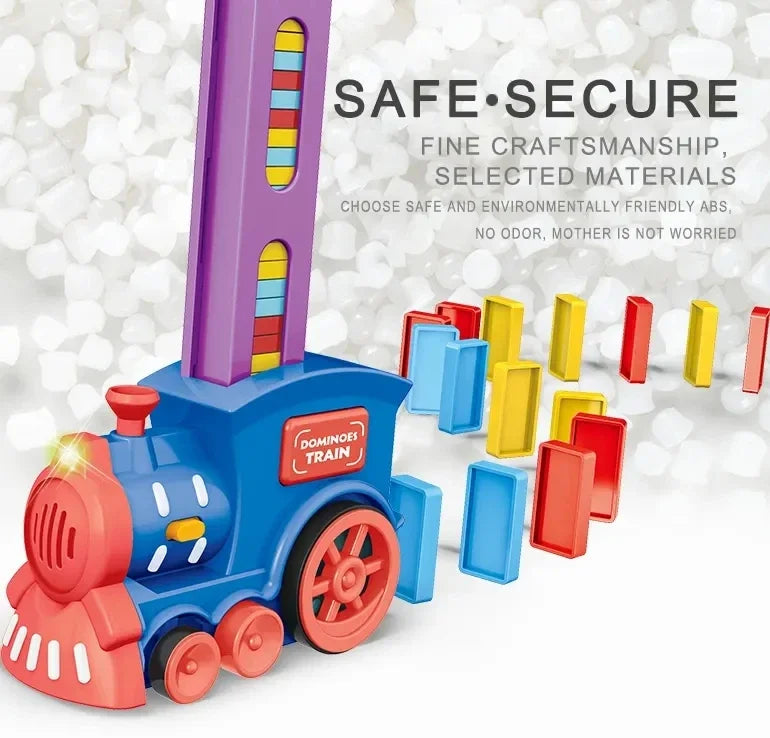 A colorful plastic domino train toy featuring a purple engine and various colored blocks.