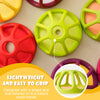 A set of silicone baby teethers shaped like fruit and vegetable pieces in red, green, and yellow.