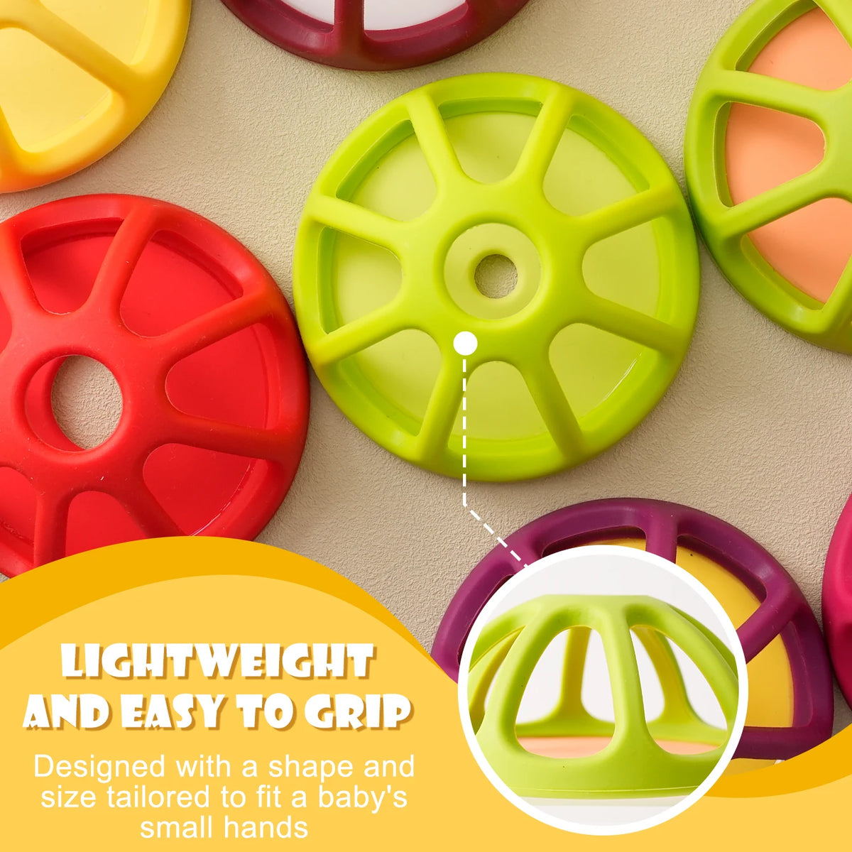 A set of silicone baby teethers shaped like fruit and vegetable pieces in red, green, and yellow.