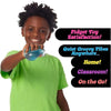 A smiling young boy holding a blue slow-rebound ice cube squishy stress toy.