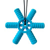A bright blue silicone steering wheel teether for babies and toddlers with a black cord.