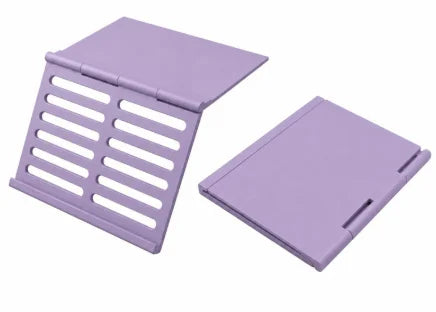 A purple foldable Mahjong card holder with a non-slip stand shown in two views.