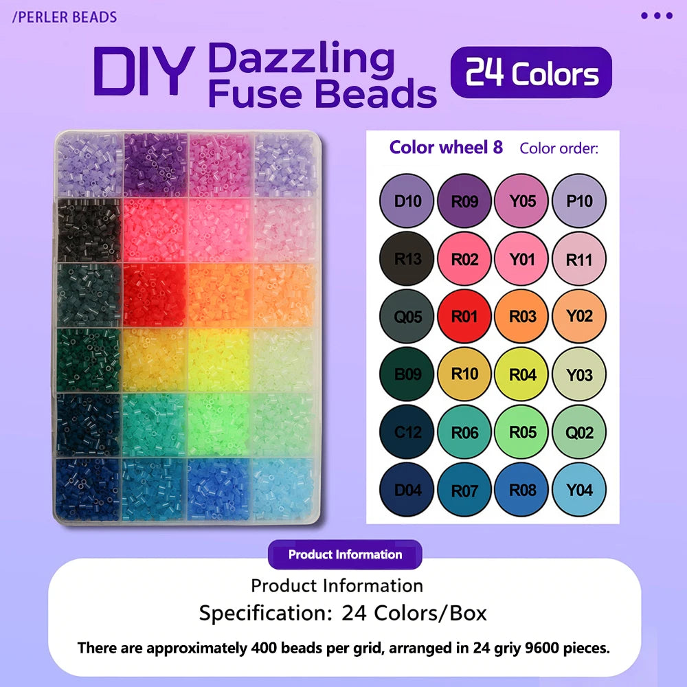 A display of a 24-color fuse bead set showing color wheels and a grid of beads for DIY craft projects.