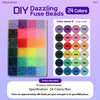 A display of a 24-color fuse bead set showing various colors arranged in a grid and a color wheel chart.
