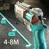 A close-up of a gray and teal foam bullet toy pistol with a rapid-fire action mechanism, shown in a side view.