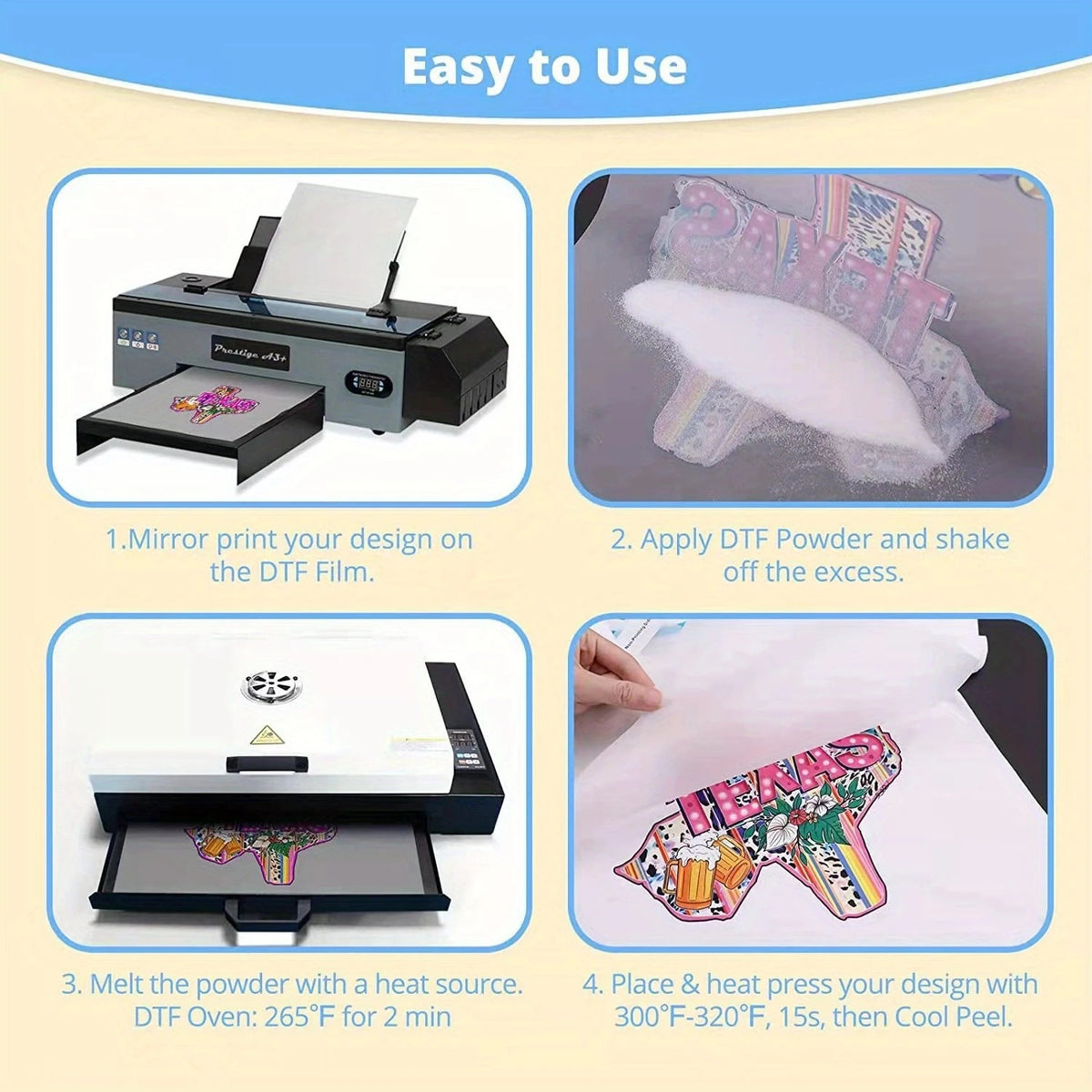 A set of tools for printing designs onto fabric using DTF powder and heat press method.