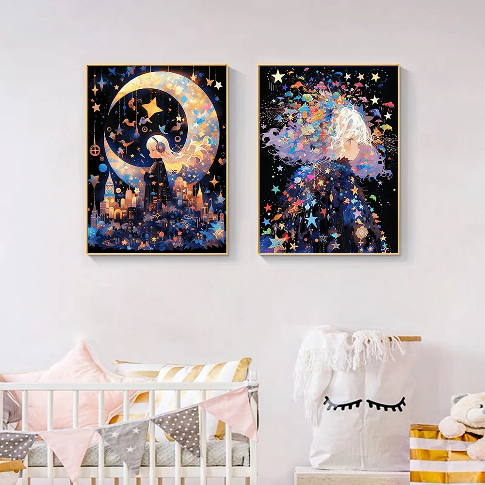 Diamond painting artwork featuring a moon and a girl silhouette with colorful rhinestones