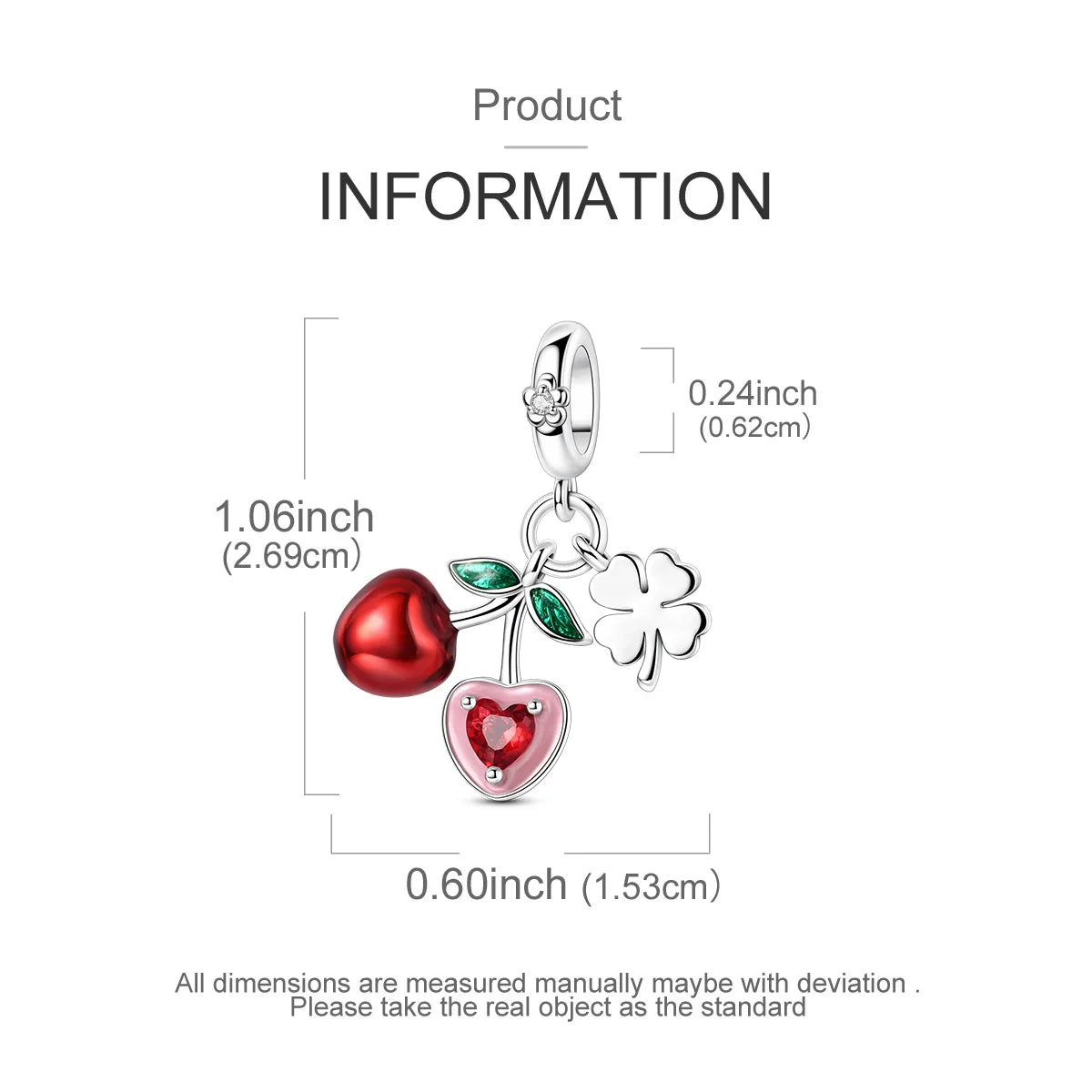 A set of fruit charm beads made of 925 sterling silver with zircon, featuring a red apple and a green clover flower.