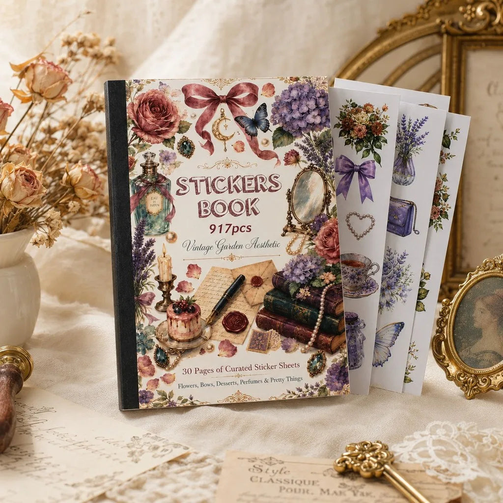 A book of stickers featuring vintage floral and nature elements for journaling and collage