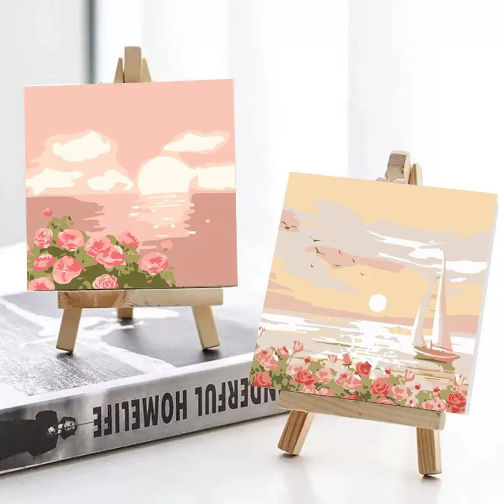 Watercolor paint by numbers kit featuring an abstract sunset landscape painting on canvas