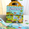 A colorful sticker book featuring various vehicles and scenes for children's fine motor skill practice.