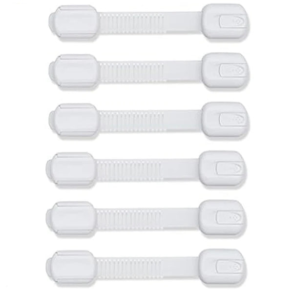 A set of five white adjustable child safety cabinet locks shown in various configurations.
