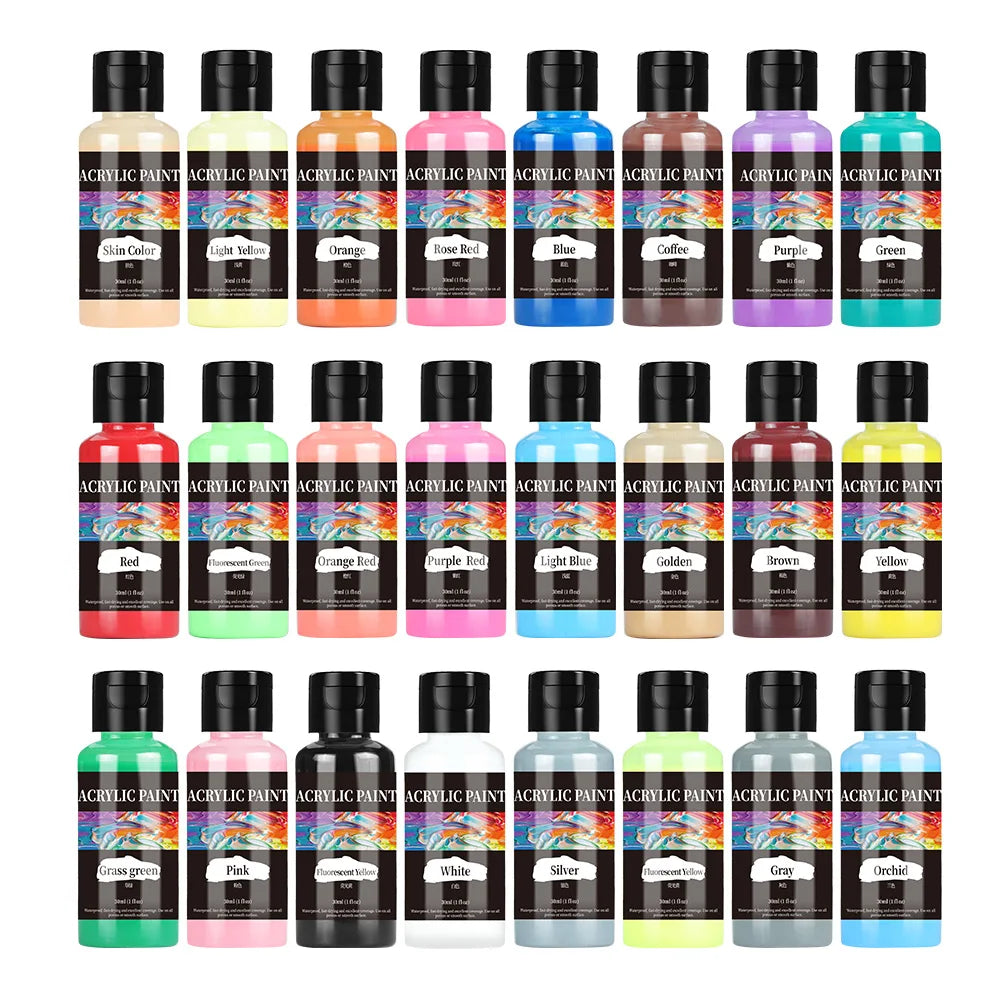 A collection of 24 bottles of acrylic paint in various colors including red, blue, green, yellow, and purple.